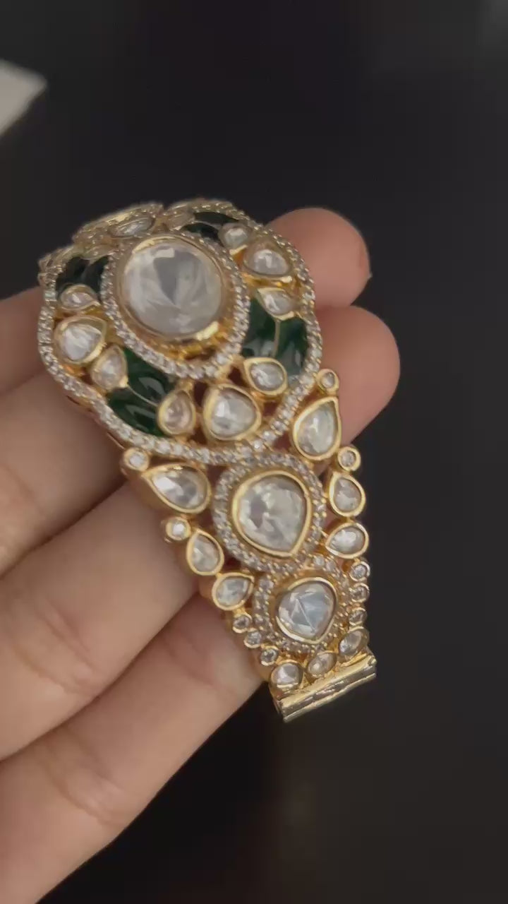 Royal Kundan Polki Bracelet with Green Meenakari Accents